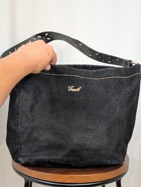 NWOT Vintage Fossil Black Canvas Leather Shoulder Bag